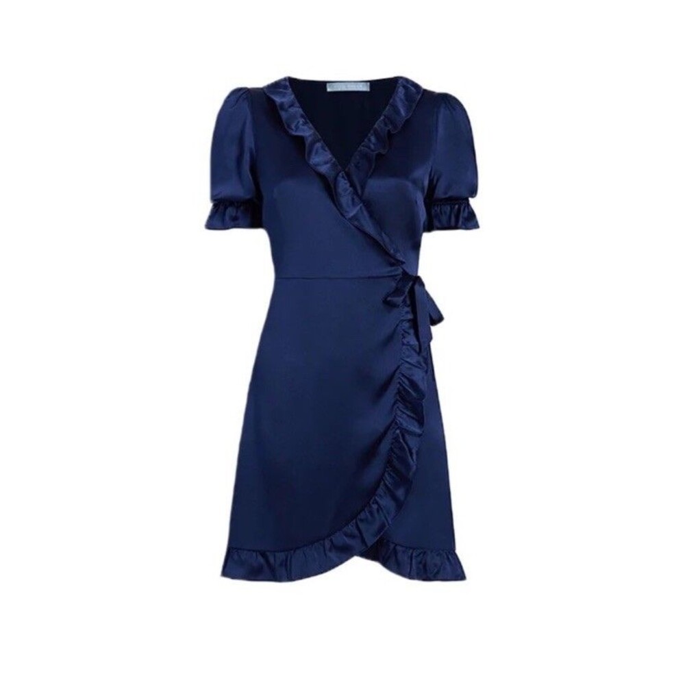 Hill House Nima Wrap Silk Dress Size L Navy Blue Ruffle Hem Cocktail Tea Party